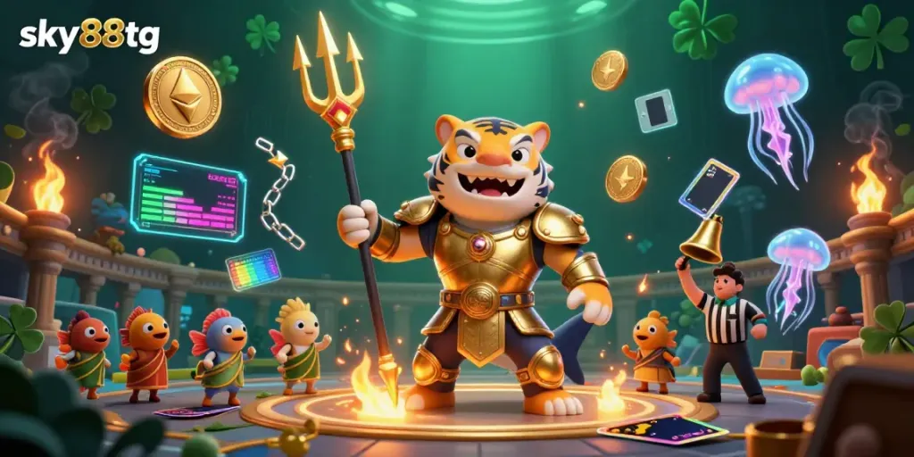 Engage with sky88tg's thrilling underwater casino scene featuring a gladiator shark and vibrant crypto elements.