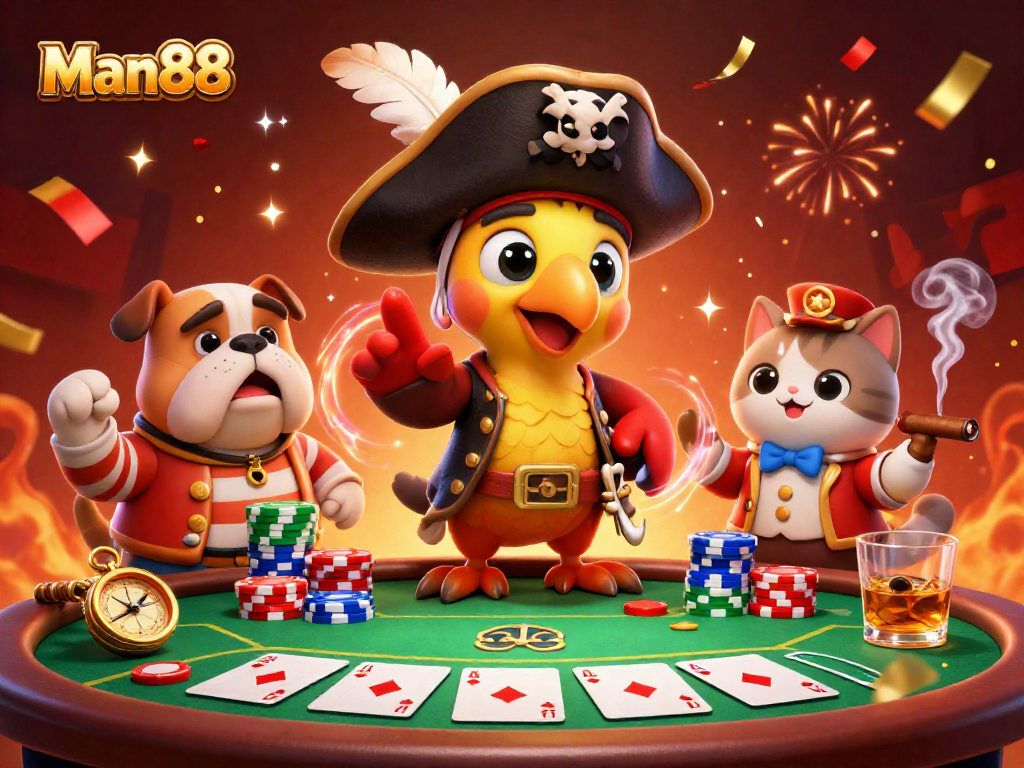 Man88 showcases a captivating poker scene with pirate-themed characters amid vibrant casino elements.