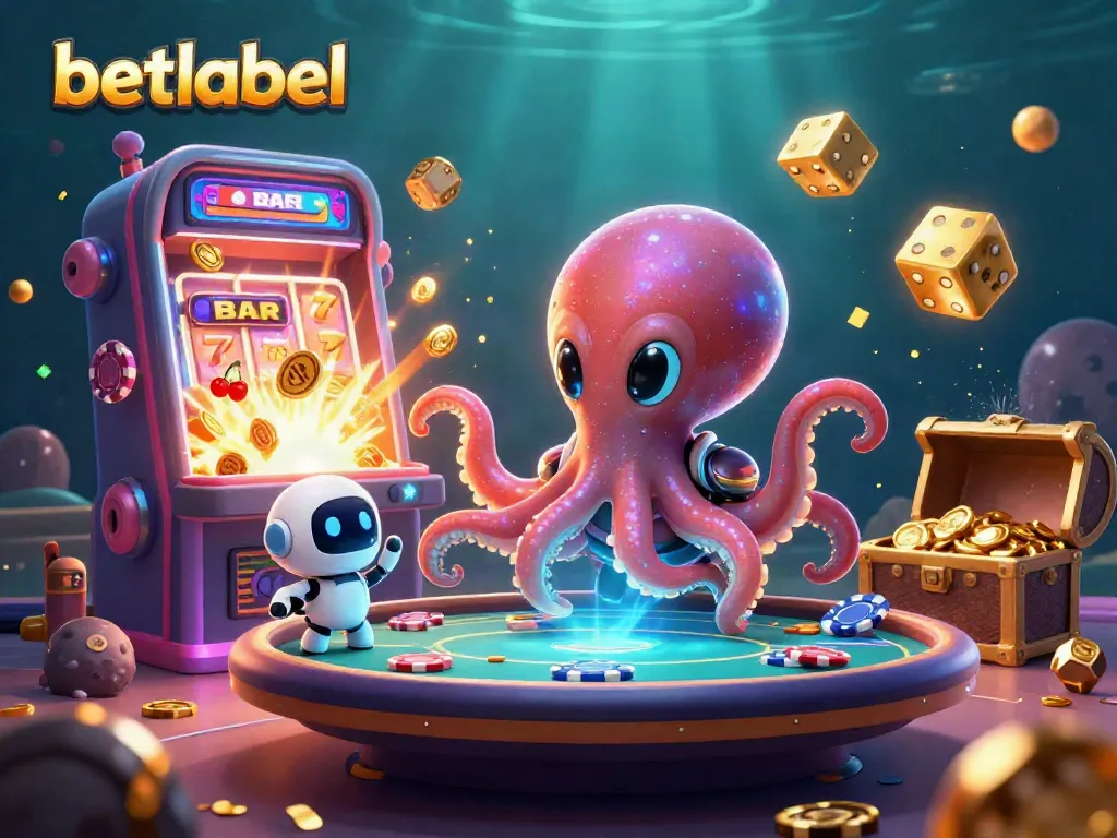 Engage with betlabel's 3D alien octopus at a floating poker table surrounded by vibrant casino game elements.