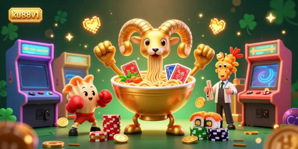 ku88v1 entertains with a dynamic scene of a golden ramen bowl character and various gaming elements, celebrating vibrant online casino fun.
