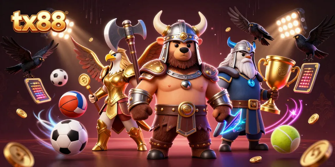 Experience the tx88 gaming thrill with a Viking bear, Valkyrie eagle, and dynamic sports elements.
