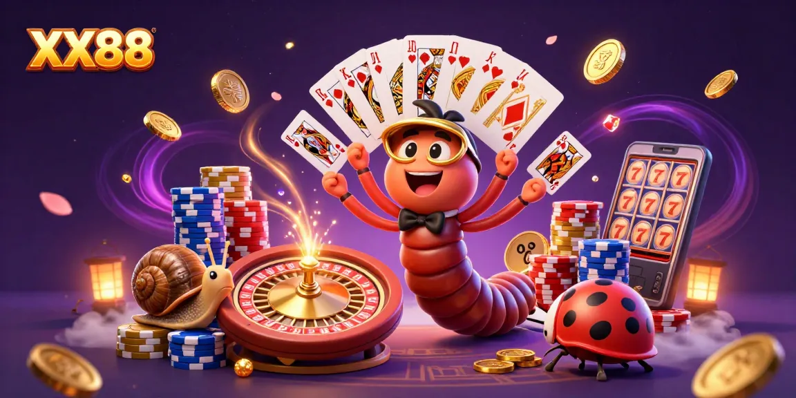 Experience excitement at XX88 with a charming millipede dealer, high-rolling snail, and vivid casino elements.