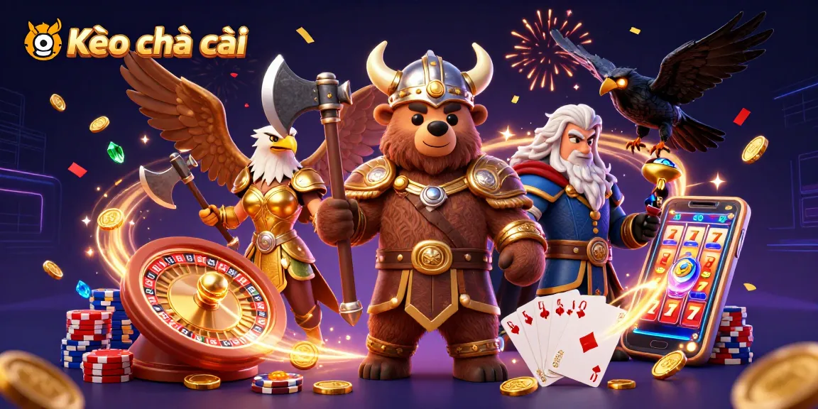 Experience the excitement of Kèo nhà cái with vibrant characters and dynamic gambling elements in this 3D illustration.