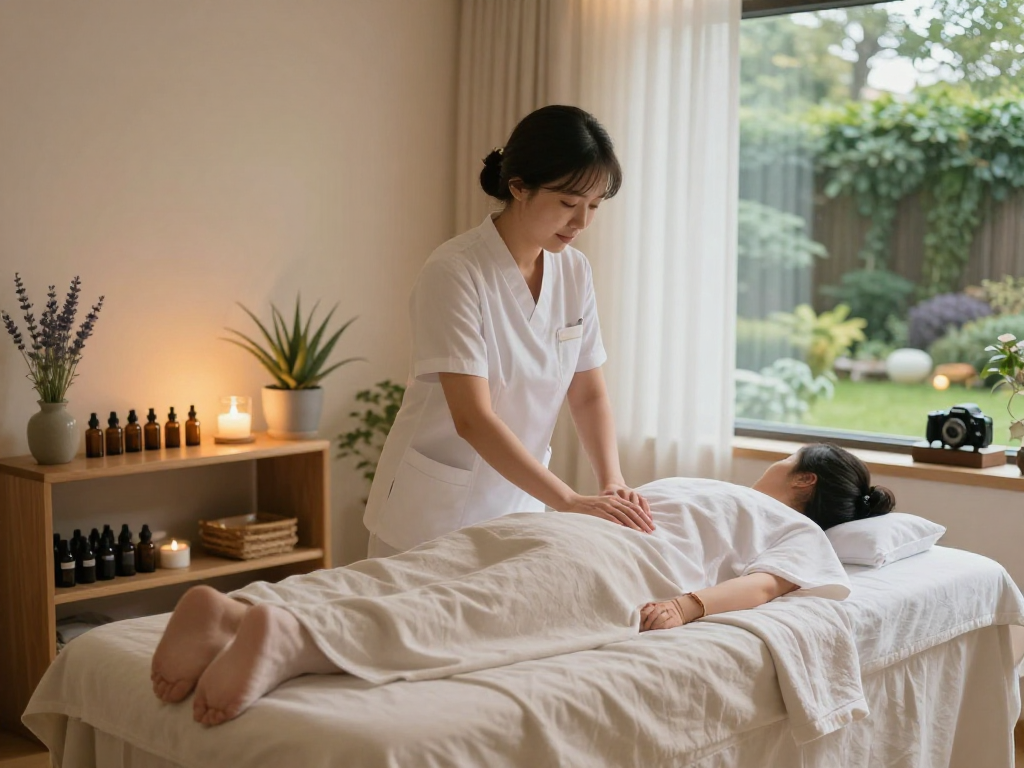Experience tranquil 부천출장안마 therapy with soothing relaxation scene in a serene massage room.