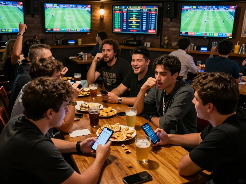 Engaged bettors analyzing tỷ lệ kèo nhà cái while watching live matches in a sports bar.