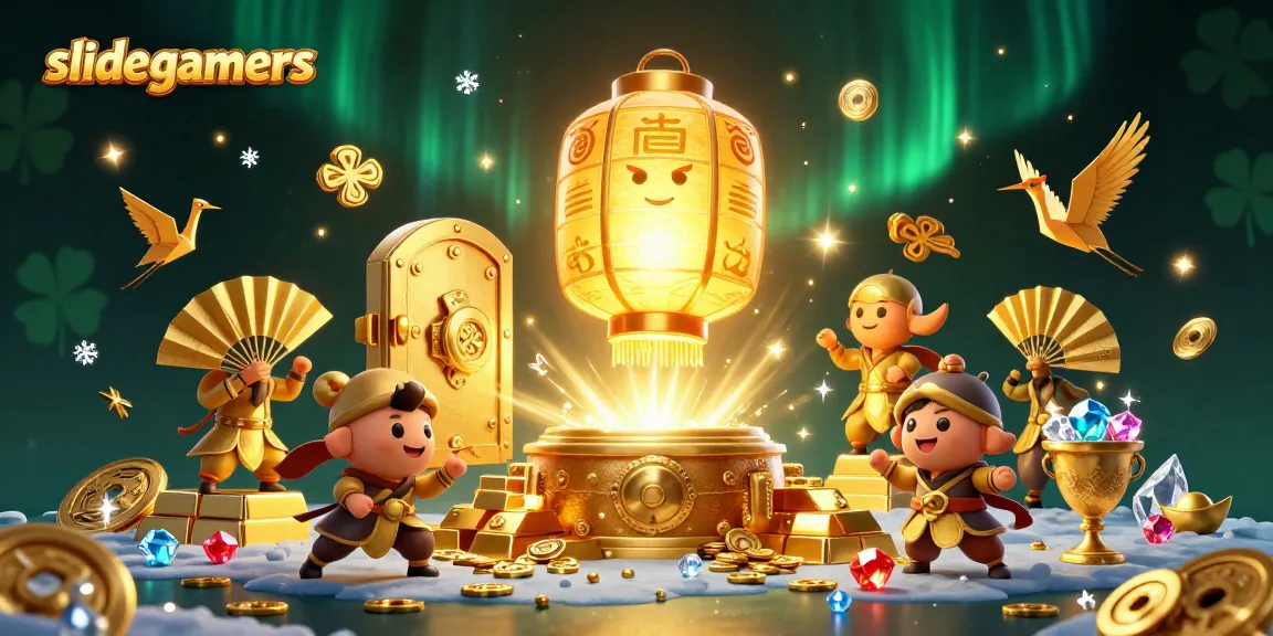 Win big with slidegamers at this vibrant casino scene filled with glowing treasures and lucky symbols.