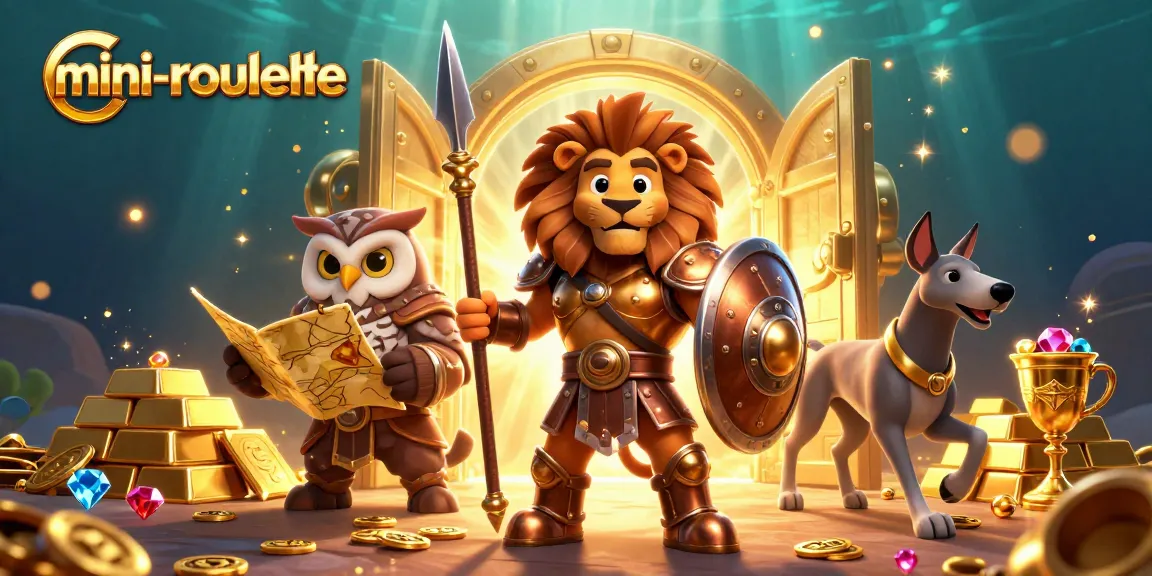 Experience the exciting mini-roulette with vibrant 3D characters celebrating around golden treasures.