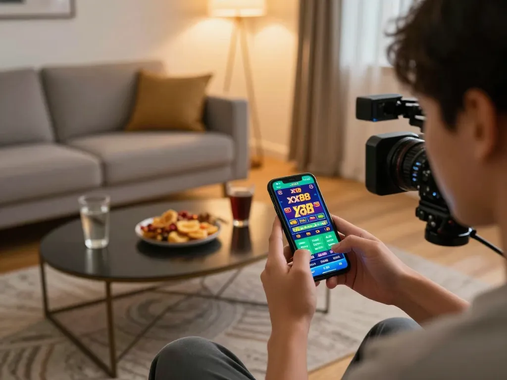 Engaged player interacting with the xx 88 mobile casino app in a cozy living room.