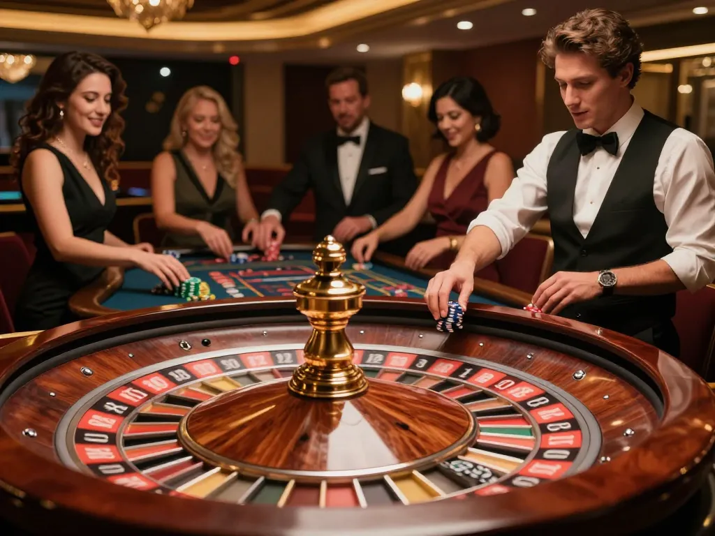 Players engaging at the mm88 roulette table, capturing excitement and strategy in a lively casino atmosphere.