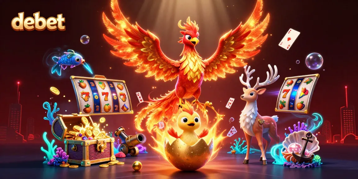 Engage with debet’s dynamic slots scene featuring a phoenix, treasures, and vibrant game elements.