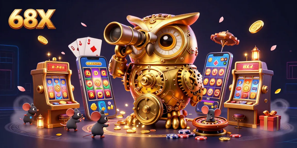 Atraia jogadores com a marca 68X em uma ilustração 3D vibrante de cassino, destacando uma coruja dourada e elementos de jogo