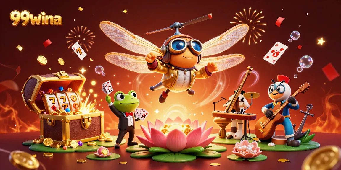 Experience 99wina's vibrant casino environment where a frog croupier deals cards amidst musical celebration.