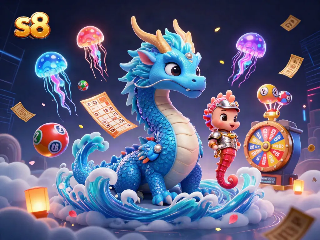 Immerse in the vibrant world of s8 casino, featuring a 3D azure water dragon amidst lottery elements and glowing jellyfish.