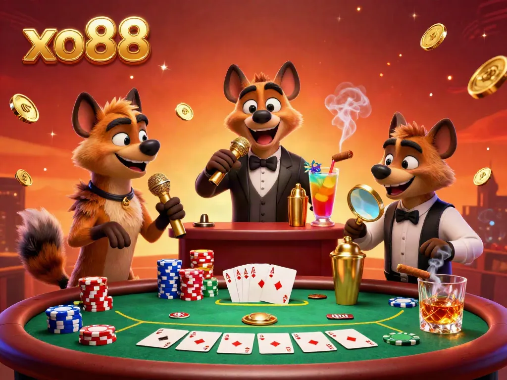 Hyenas entertain at the vibrant xo88 casino, dynamic scenes with poker and drinks.