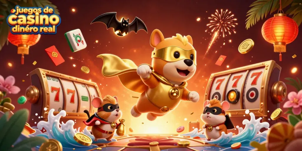 Disfruta de juegos de casino dinero real con un perro superhéroe llevando monedas de oro en un entorno lleno de emoción.