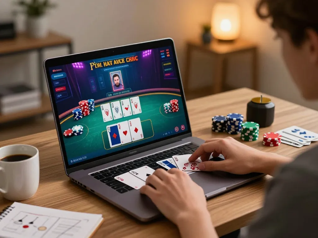 MM88 player engaging in an online poker game at home with lively casino interface and strategy notes.