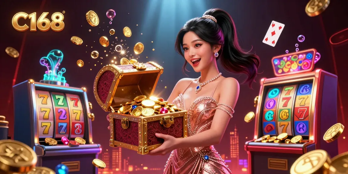 C168 promotional illustration featuring a joyful Asian woman presenting a treasure chest filled with casino riches, surrounded by slot reels and playing cards.