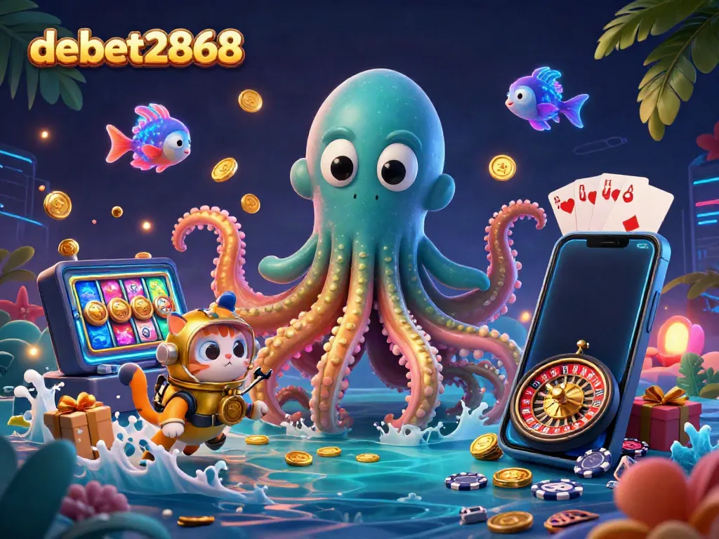 Engage in thrilling experiences with debet2868's vibrant casino scene featuring a kraken, diving cat, and immersive game elements.