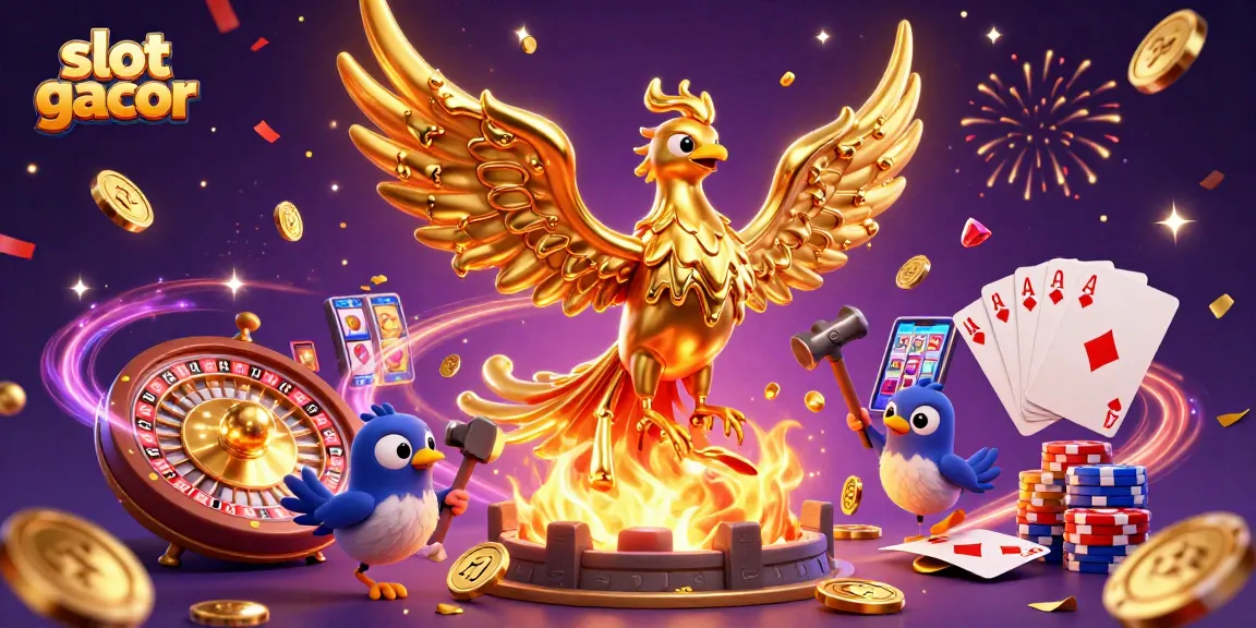 Experience slot gacor excitement with our vibrant 3D casino scene featuring a golden phoenix and dynamic game elements.