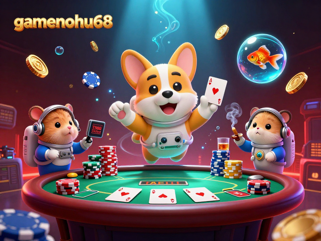 Engage in thrilling gambling adventures with gamenohu68, featuring a dynamic casino scene with a 3D cartoon corgi.