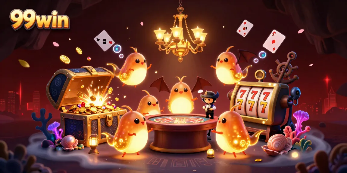 Engage in thrilling games at 99win's vibrant casino, highlighted by glowing glowworms and dynamic gameplay.