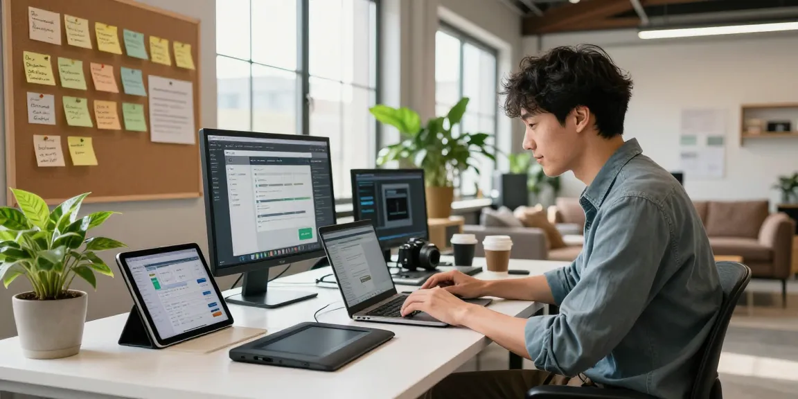 Build internal tools with AI in a vibrant workspace with tech gadgets and a young professional.