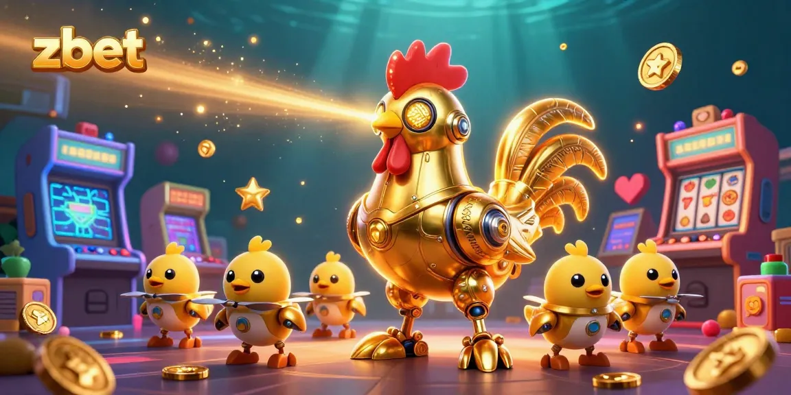 Engage with zbet's vibrant casino scene featuring a golden rooster robot and baby chick drones.