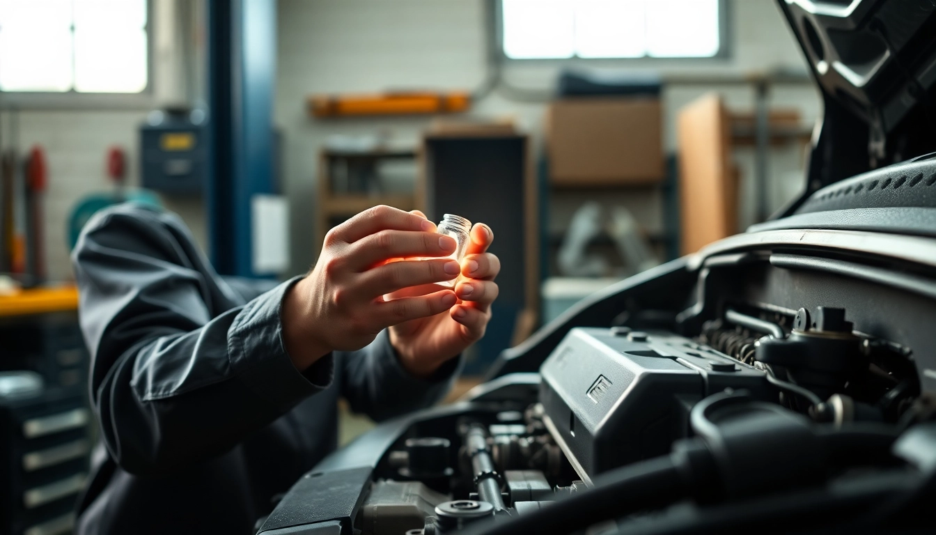 Bujías para coche instaladas por un mecánico atento en un taller luminoso.