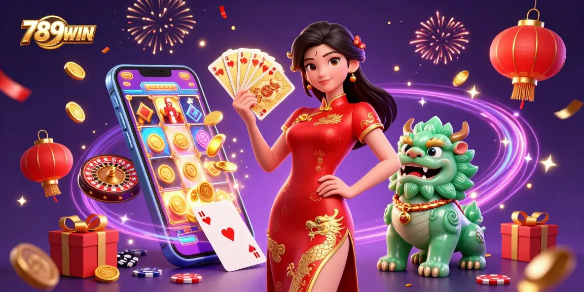 Experience the excitement of 789WIN with a vibrant casino scene featuring spinning slot reels and golden coins.