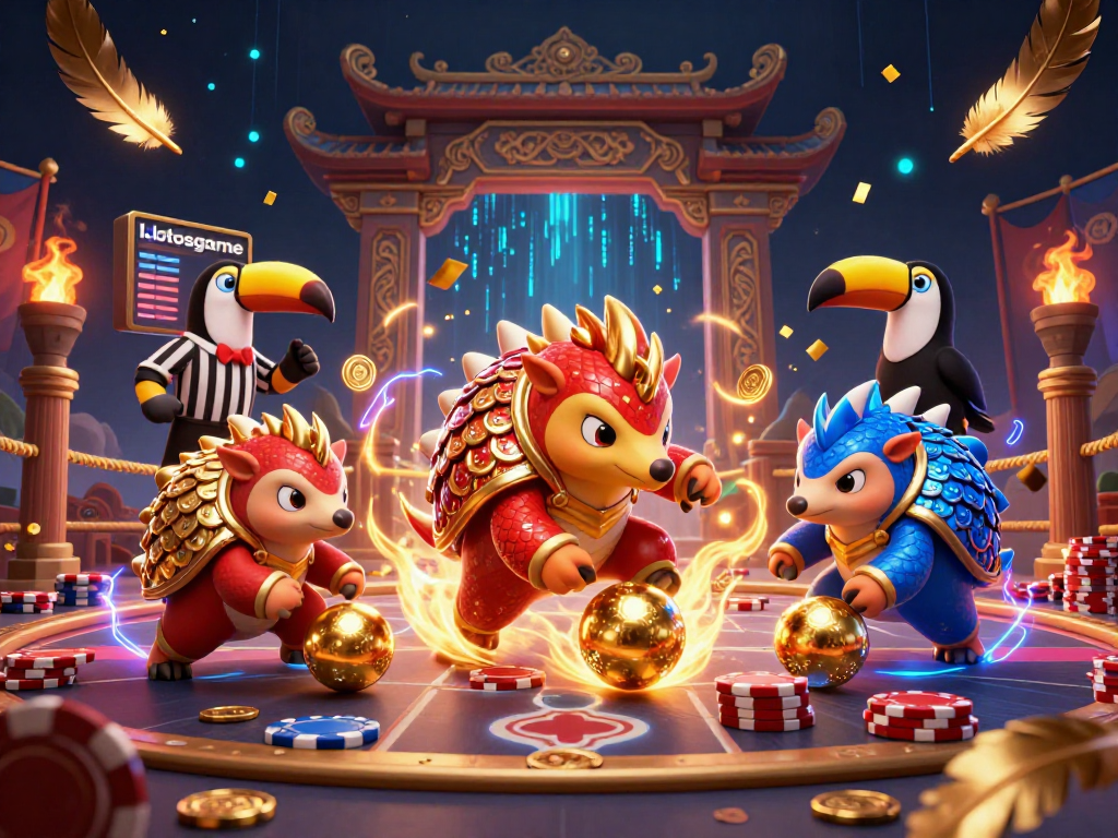 Compete with lotosgame as rival pangolins roll through poker chips in an exciting casino scene.