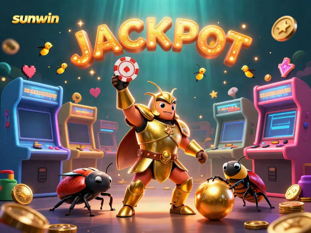 Experience the excitement of sunwin with a victorious character lifting a poker chip amidst dynamic game elements.