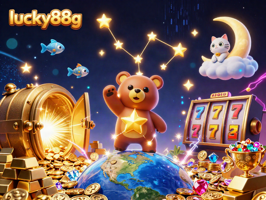 Experience the excitement of lucky88g with a vibrant 3D casino illustration featuring a constellation bear and sparkling jackpots.