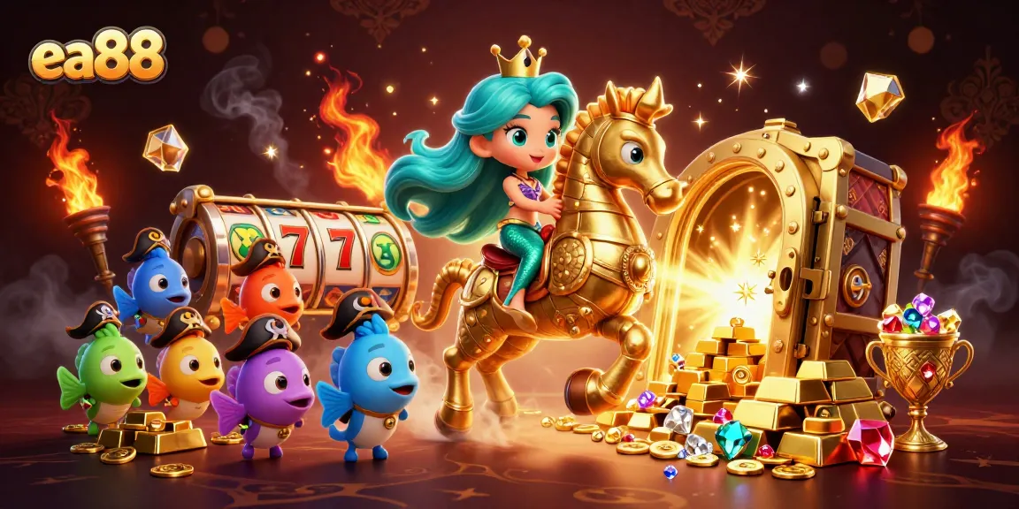 Excite at ea88 with a vibrant 3D illustration of a mermaid princess, golden treasures, and engaging slot elements.