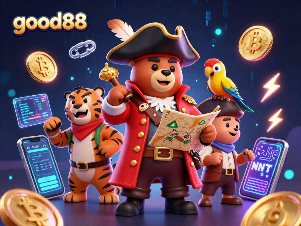 Join the thrilling adventure at good88 with a pirate captain bear and friends amidst digital treasures.