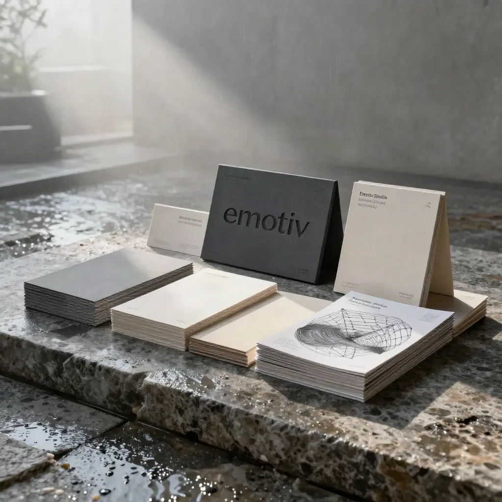 Prototipos de identidad de marca sobre un pedestal de piedra en un patio húmedo y brumoso.