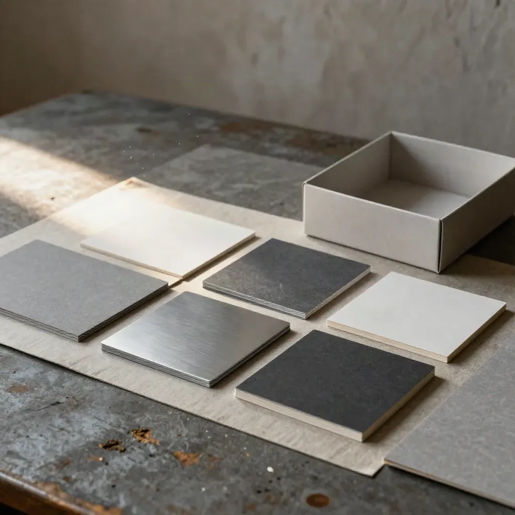 Tablero de identidad visual con placas de color, tarjetas y papeles texturizados en un atelier.