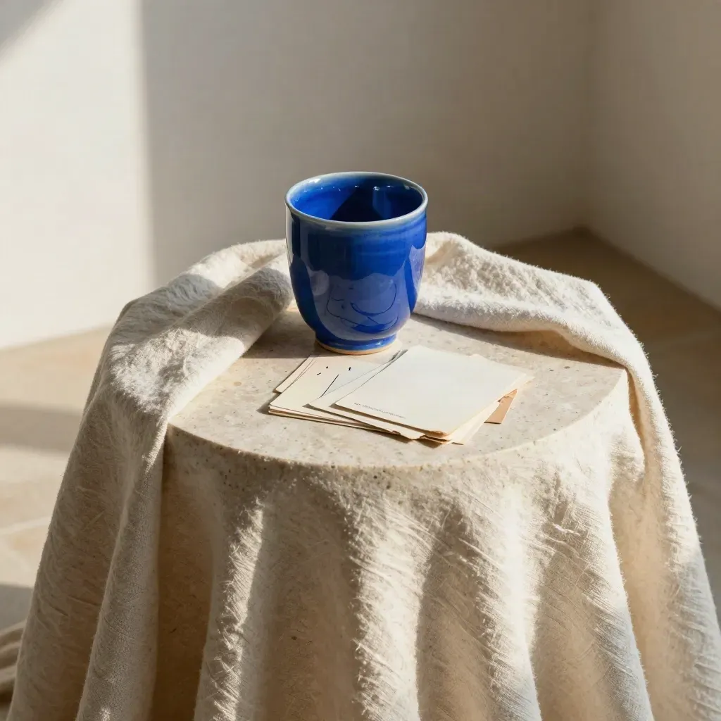 Peana de travertino con tela cruda, vaso cerámico azul petróleo y tarjetas de atmósfera