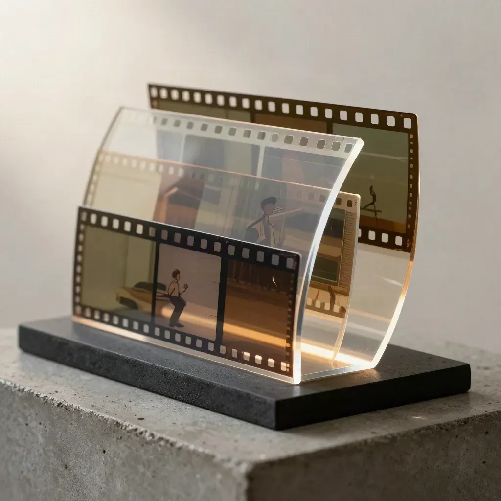 Celdas translúcidas y tiras de fotogramas con bloque acrílico curvo y luz LED difusa.