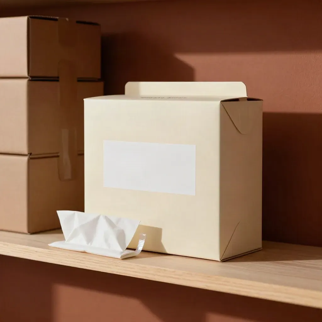 Caja plegable, funda, etiquetas y separadores de cartón en luz dramática, estilo premium.