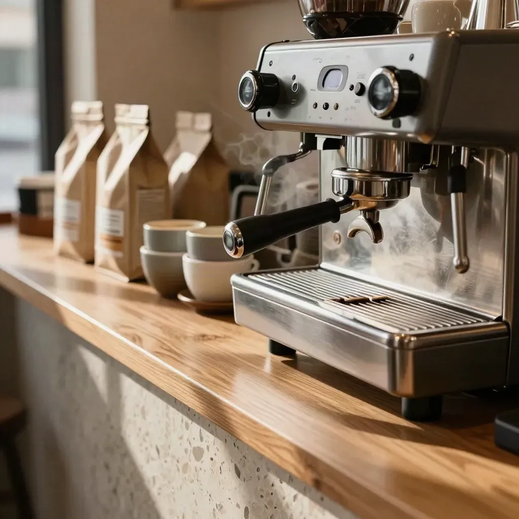 Mostrador final de café con espresso, tazas cerámicas, bolsas y cajas para llevar, con vapor suave.