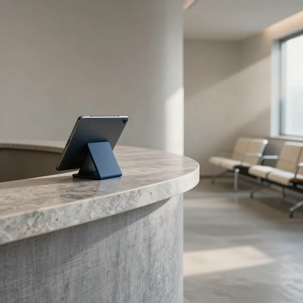 Recepción clínica serena con tótem de citas, tablet apagada y sillas claras en luz cálida.