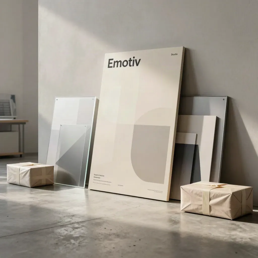Pósters abstractos y planchas de acrílico apilados junto a un gran panel de campaña en un estudio.