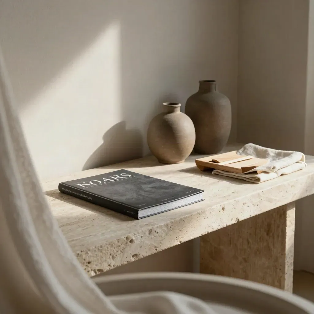 Vigneta editorial de interiorismo con dossier cerrado, cerámica, lino, madera clara y mesa de piedra.