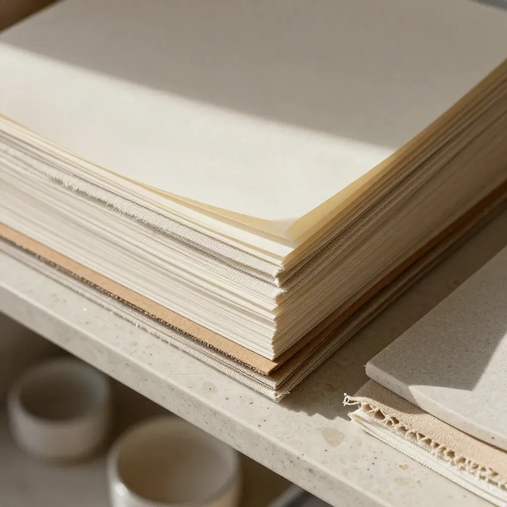 Muestras de papel, textiles, cartón y cerámica sobre travertino.