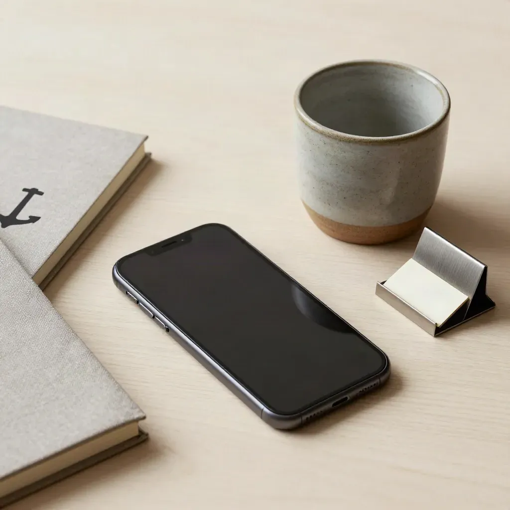 Teléfono, libreta cerrada y taza de piedra sobre madera clara, en una escena minimalista.