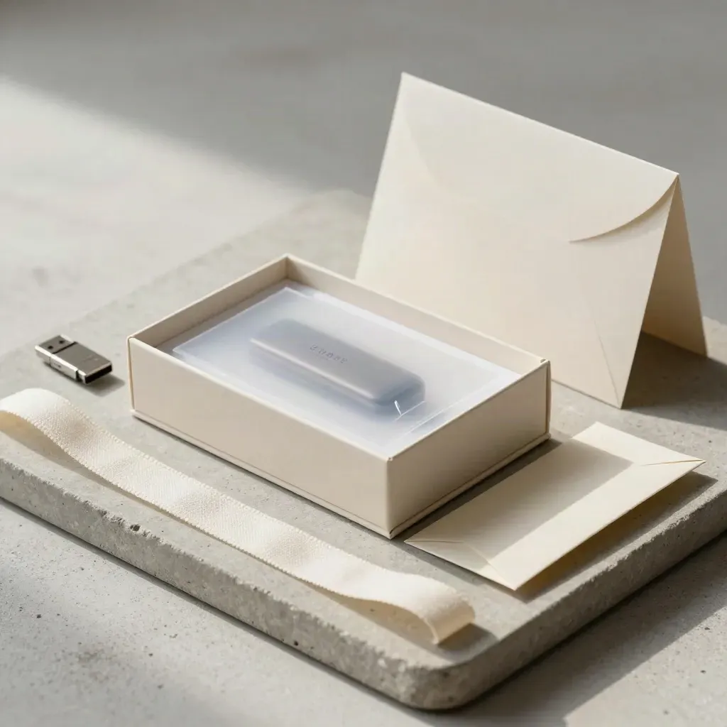 Caja de entrega rígida, funda de archivo, USB y sobre marfil sobre bandeja de piedra.
