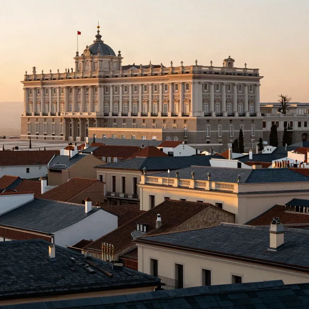 Tejados de Madrid con el Palacio Real en la parte alta, envueltos en bruma cálida al atardecer