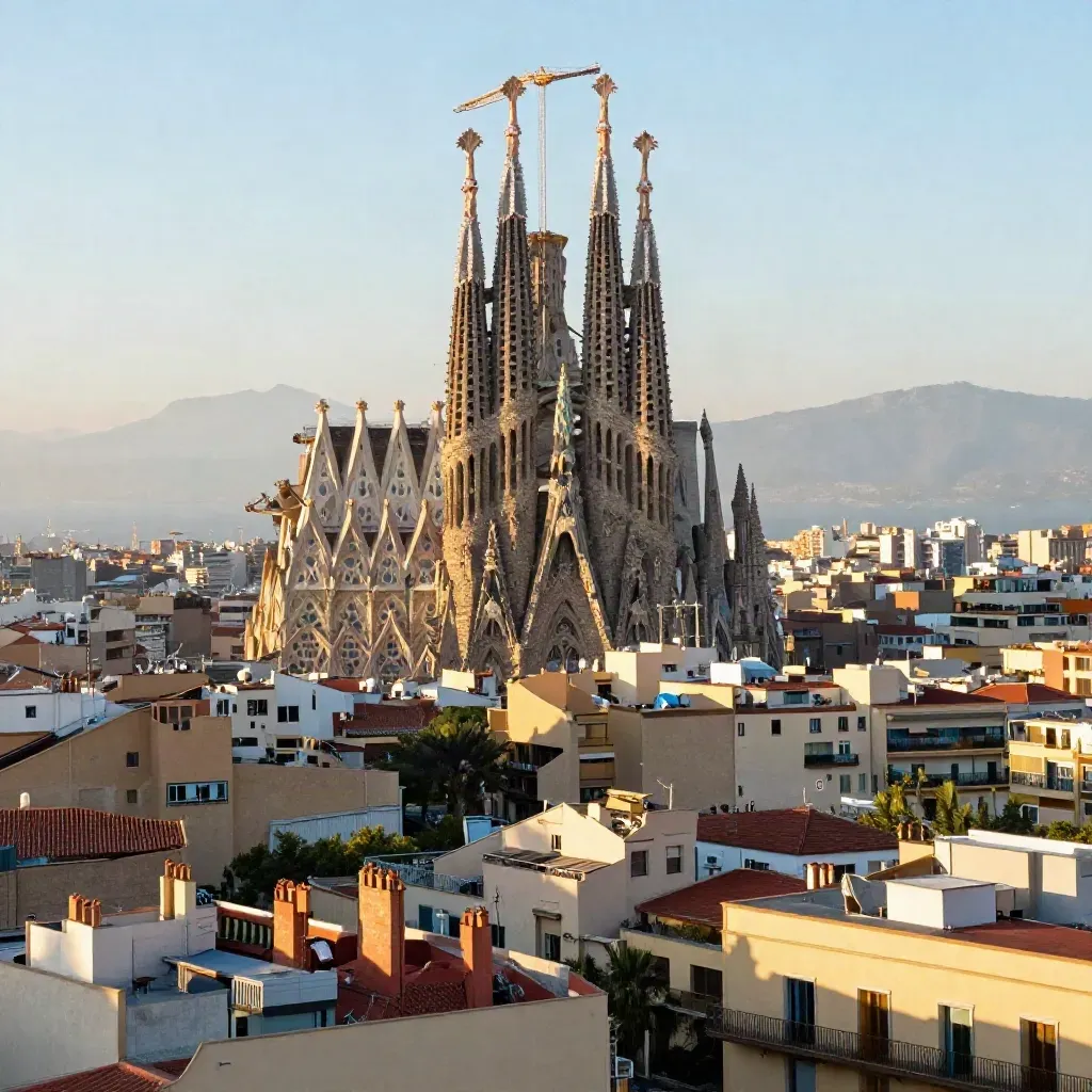 Barcelona al amanecer con la Sagrada Família sobre los tejados del Eixample y bruma costera dorada.