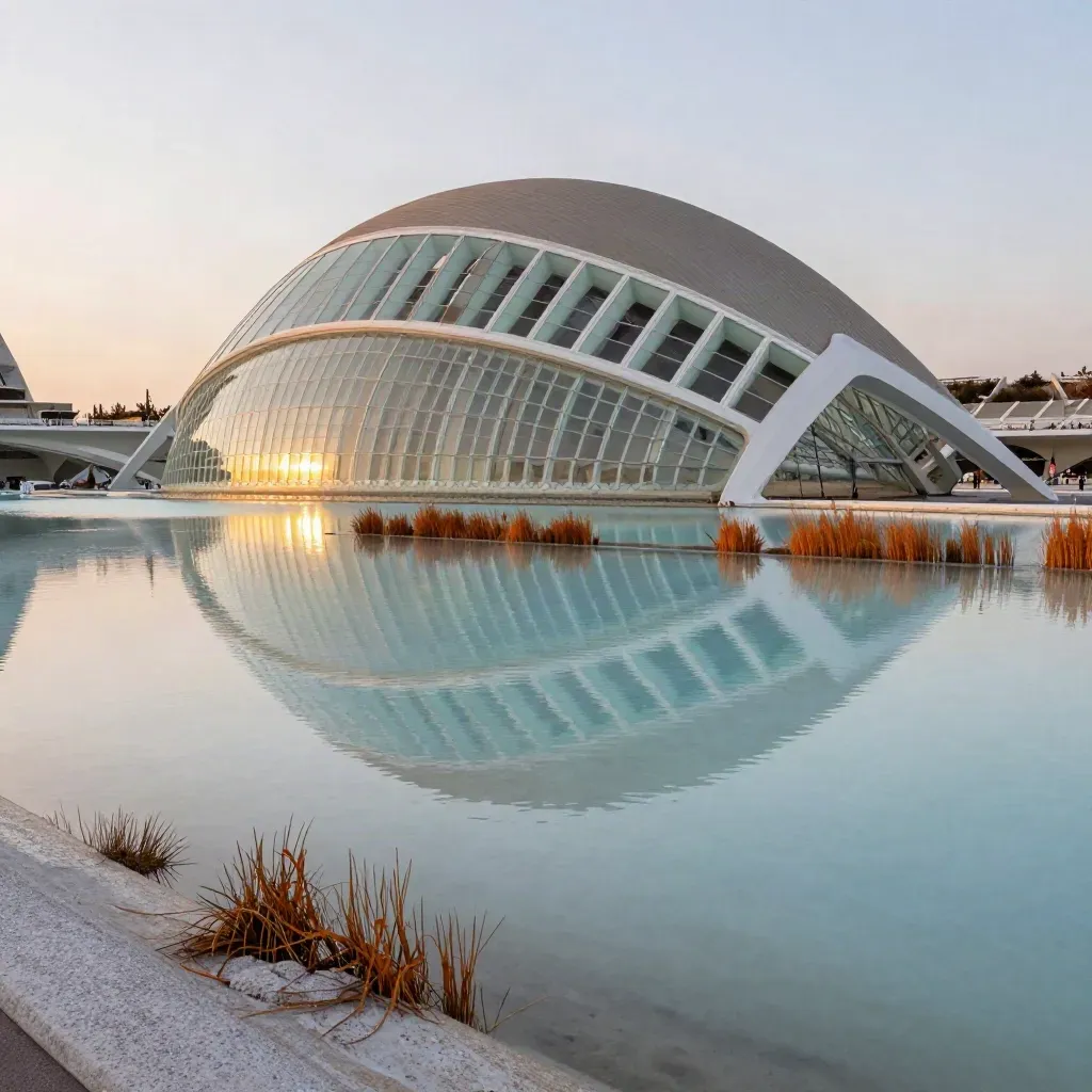 Laguna tranquila con la Ciudad de las Artes y las Ciencias, cañas y bruma marina al atardecer.