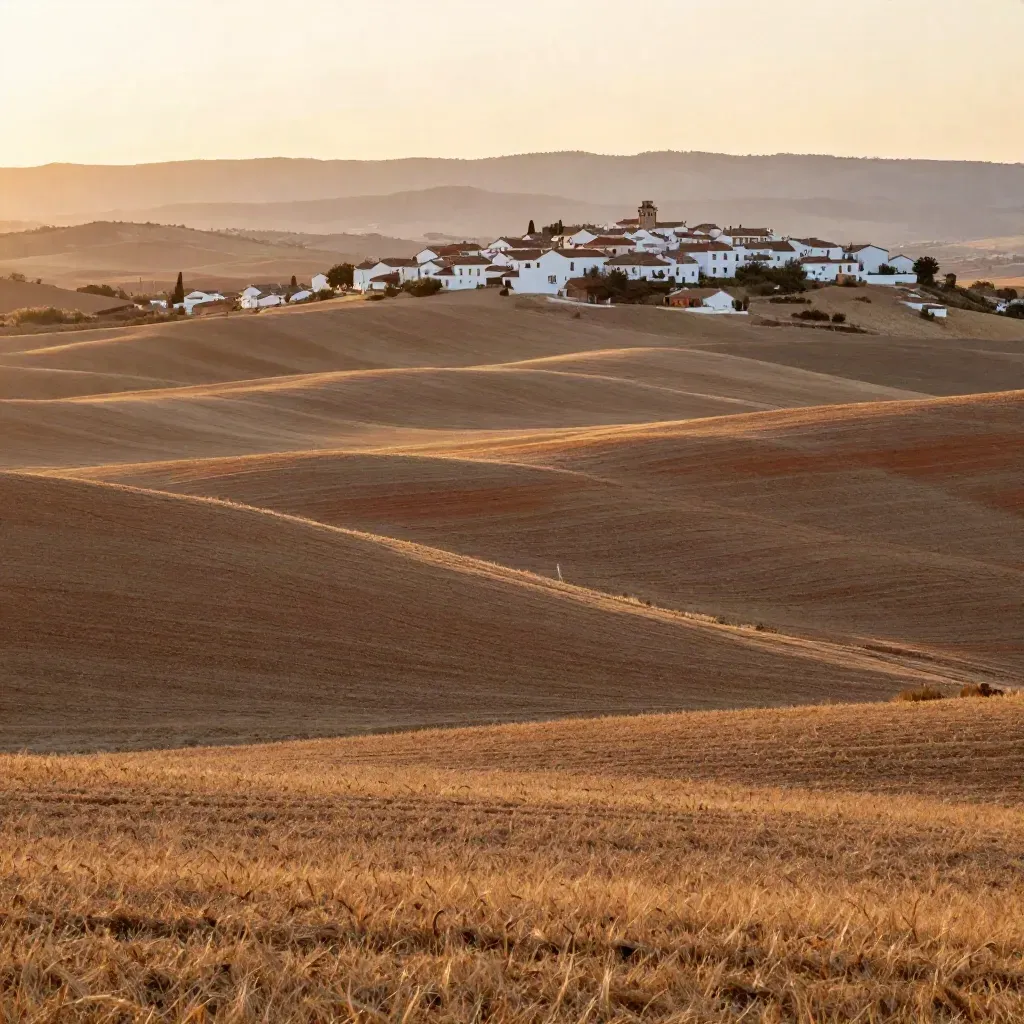 Meseta al atardecer con cereal, casas blancas en la colina y sierra lejana.